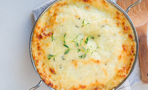 Potato Spinach Casserole in a pie dish