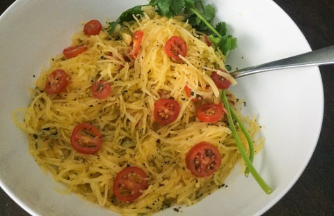 Spaghetti Squash with Tomatoes, Basil, and Parmesan in a bowl