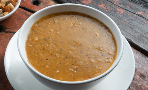 Shorba (Lamb and Peanut Soup) in a bowl