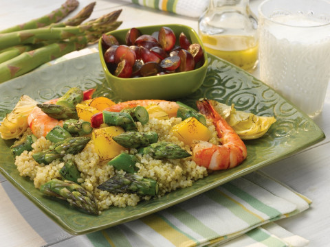 Grilled Asparagus and Shrimp Quinoa Salad with Lemon Vinaigrette on a plate