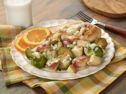 Roasted Brussels Sprouts, Potatoes, and Chicken on a plate
