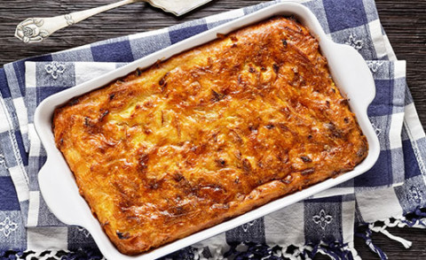Matzo Meal Kugel (Pudding) in a pan