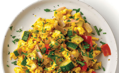 image of Scrambled Eggs with Vegetables and Cheese on a plate