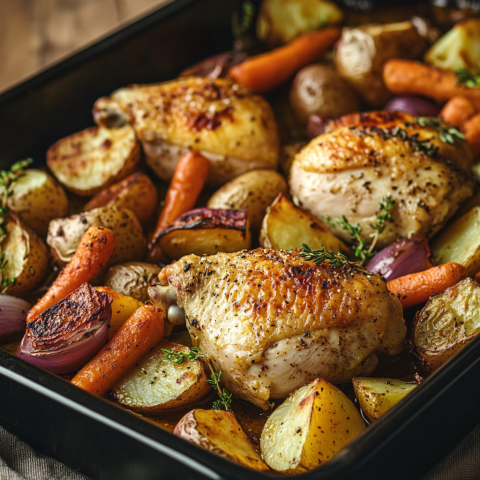 Image of Baked Chicken with Vegetables Recipe in a pan.