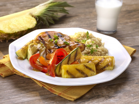 Grilled Pineapple Ginger Glazed Chicken with Zucchini and Peppers on a plate