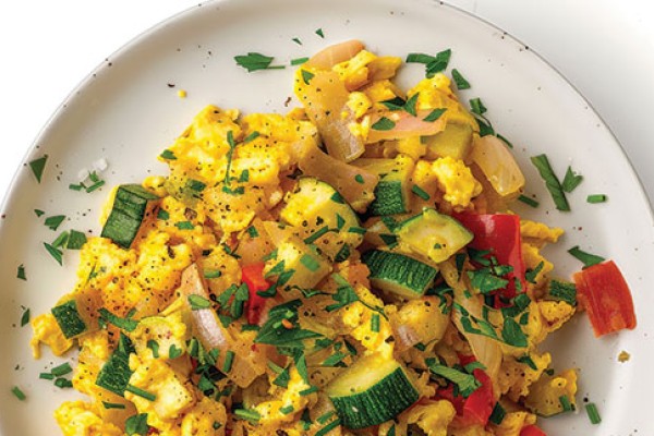 image of Scrambled Eggs with Vegetables and Cheese on a plate